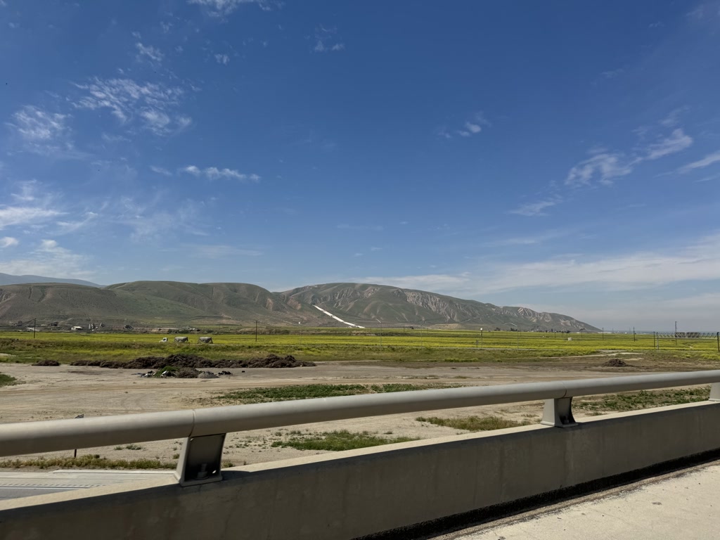 A scenic view of California displaying rolling hills with varying shades of green and brown. The foreground features a verdant flat landscape with occasional patches of water and sporadic vegetation. A road barrier runs parallel to the bottom edge, indicating the viewer's perspective from a roadway. The sky is a clear blue with wispy clouds adding texture above. The overall ambiance suggests pleasant weather conditions, perfect for a drive.