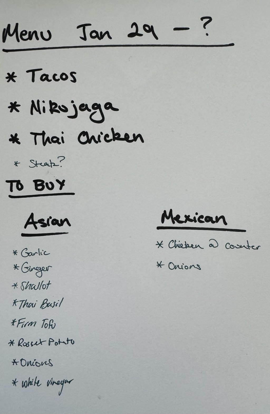The content appears to be a handwritten plan, possibly for a weekly menu and grocery shopping list, segmented into different cuisine categories and itemized ingredients. The menu items listed are a variety of meals, including one that is uncertain and is followed by a question mark. The shopping list is divided into two sections by cuisine: Asian and Mexican, each with ingredients that are likely intended for the preparation of the meals listed in the menu plan.